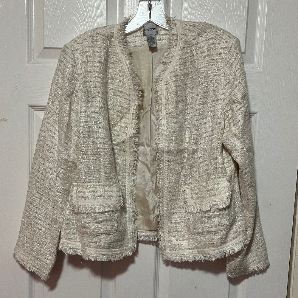 Chico’s Metallic Tan Jacket Fringed Edges Silk Lining Size 1